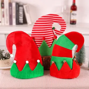 Christmas Elf Hat Table Ornament With Metallic Jingle Bells Flannel Striped Patchwork Festive Desktop Decoration For Holiday Home Party