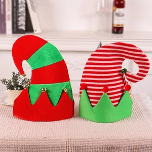 Christmas elf hat striped novelty holiday party costume decoration with bells & pom poms