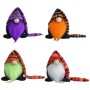 Set of 4 Halloween knitted gnomes with long hats and colorful plush beards for decor