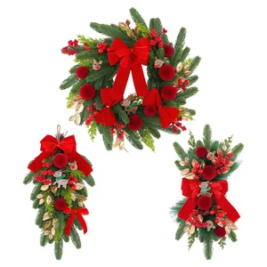Set of Christmas wreaths with red velvet bows and reindeer on a white background
