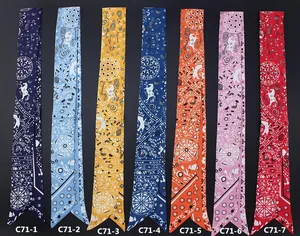 Collection of Bohemian patterned narrow silk scarves in seven vibrant colors for bag handles