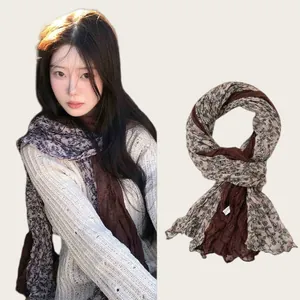 Elegant soft cotton linen scarf with vintage floral print and pleated texture for women