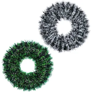Set of two 42cm Christmas tinsel wreaths in green and silver for festive holiday wall decor
