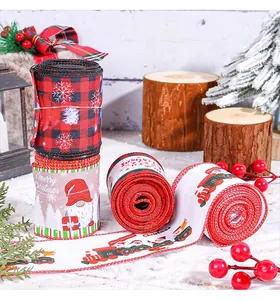 Detailed view of Christmas ribbons featuring gnome and train patterns for festive DIY crafts