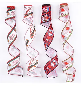 Detailed view of four Christmas ribbons with Santa and gnome patterns for DIY decor