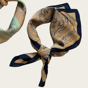 Vintage paisley square silk scarf for hair or bag decoration in khaki and navy blue