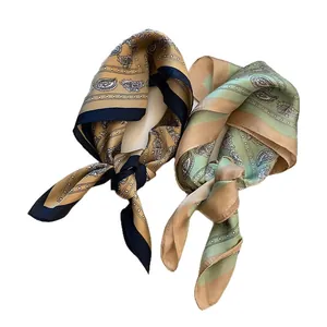 Elegant set of two vintage paisley print silk-like square scarves for hair or bag decoration