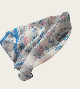 Close-up detail of Chinese style floral cotton square scarf with elegant lotus pattern