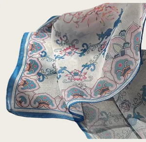 Detailed macro view of Chinese style cotton square scarf with elegant lotus oil painting pattern