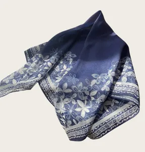 Elegant blue oil painting floral square scarf in lightweight breathable cotton.