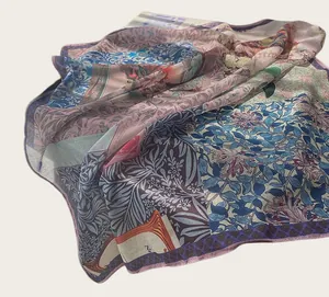 Detailed view of a Chinese style oil painting floral square scarf made of soft cotton.