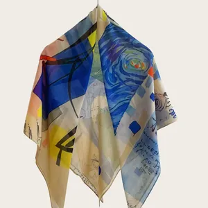 Detailed view of artistic abstract pattern on silk cotton fabric for square scarf