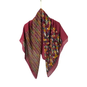Vintage pastoral silk cotton square scarf with mosaic and leaf pattern in burgundy