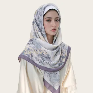 Women Floral Print Square Hijab Scarf Scalloped Edge Voile Shawl Elegant Vintage Patterned Head Wrap For Muslim Women