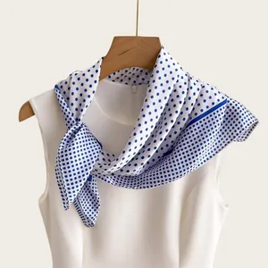Primo piano di una sciarpa bianca stile francese a pois blu su un indumento