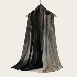 Elegant lightweight rayon scarf featuring an artistic grey and black watercolor gradient