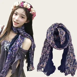Elegant vintage floral print cotton linen pleated long scarf for women's autumn fashion wear