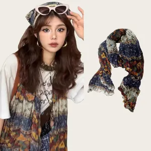Artistic bohemian pleated cotton linen floral scarf and lightweight shawl