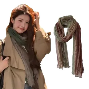 Elegant bohemian cotton linen crinkle scarf with gradient tones thin shawl wrap