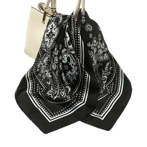 90cm black and white paisley satin square scarf for women chic headscarf accessory