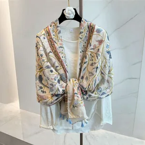 Elegant vintage botanical print silk shawl scarf with delicate light blue tassels
