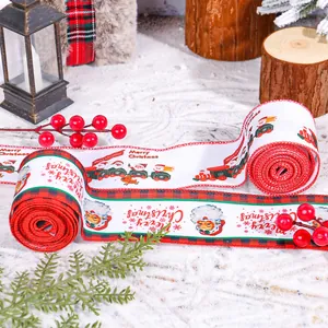 Festive Christmas ribbon with Santa Claus and train prints for DIY holiday decor
