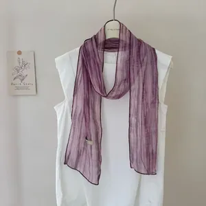 Vintage purple tie-dye striped long silk neckerchief with elegant thin texture