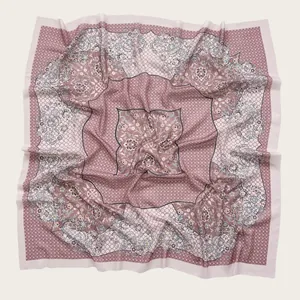 Elegant floral print square scarf with scalloped edges and soft voile texture