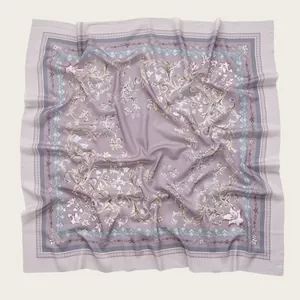 Elegant lavender square scarf featuring delicate floral prints and baroque scroll patterns