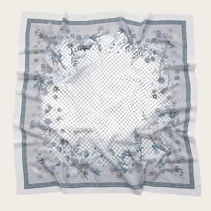 Elegant floral print square scarf with lattice pattern and distinctive scalloped edges detail