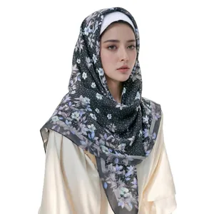 Elegant floral print square voile hijab scarf with scalloped edges for women