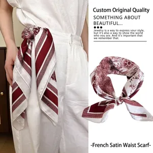 French style satin waist scarf with vintage burgundy toile pattern for women
