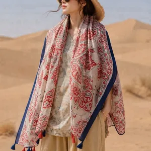 Women Bohemian Floral Paisley Printed Polyester Scarf Elegant Long Tassel Shawl Sun Protection Scarf For Beach Party Office Everyday