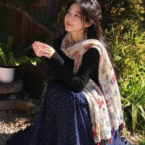 Elegant floral cotton and linen scarf shawl with colorful tassels for women outdoor wear