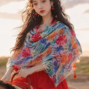 Vintage floral print silk scarf shawl for women lightweight soft fall accessory