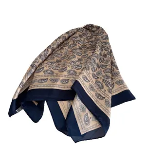 Sciarpa di seta vintage francese con motivo paisley beige e blu scuro per capelli