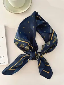 Navy blue vintage French paisley silk scarf for hair styling and bag wrap accessory
