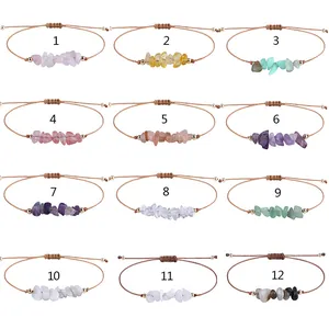 Grid display of twelve variants of handmade woven wax thread bracelets with colorful stones