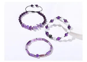 Various styles of natural amethyst bracelets including chip, round, and rectangular beads
