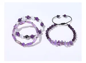 Detailed macro shot of natural amethyst chip and bead woven gift bracelets set