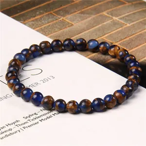 Detail view of 6mm blue and brown marbled stone beaded bracelet