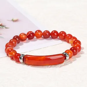Elegant red carnelian agate bead bracelet with central curved bar accent for women
