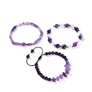 Set of three natural amethyst bracelets featuring chip stones and round beads on white background.