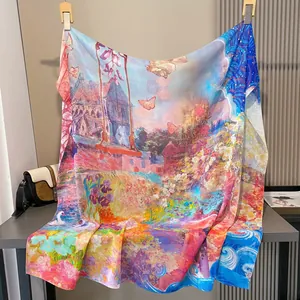 Gran pañuelo cuadrado de satén con vibrante estampado artístico de paisajes