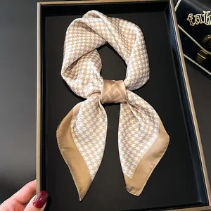 Elegant champagne gold silk square scarf with chevron pattern for professional wear