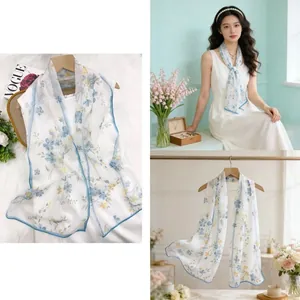 Elegant floral georgette scarf with light blue print, French style headband