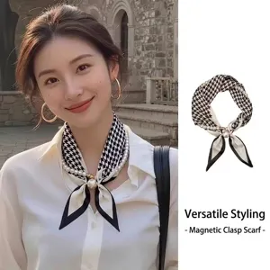 Elegant houndstooth silk scarf with magnetic buckle and pearl detailing for neck decoration