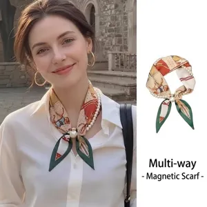 Women Fashion Satin Silk Scarf Narrow Long Strip Neckerchief Elegant Printed Neck Scarf With Magnetic Pearl Buckle