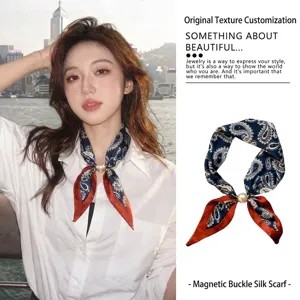 Elegant navy paisley print silk scarf featuring a premium pearl magnetic buckle closure