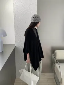 Oversized black solid color knit cardigan shawl for women, lazy style summer cover-up